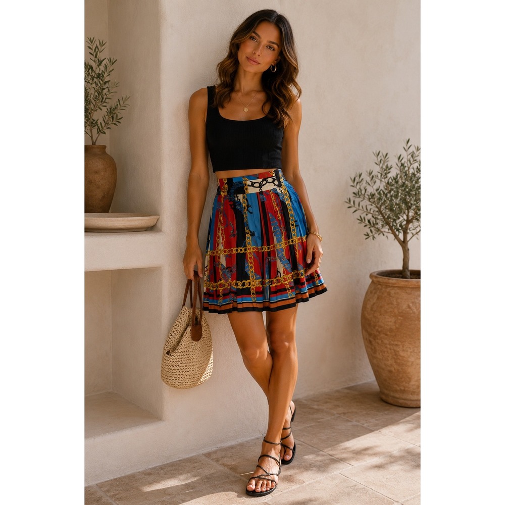 Chain Print Pleated Skirt Womens M Black‎ Red Blue Gold